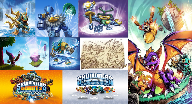 A collage of official artwork from the mainline Skylanders games, past apps and the books and comics.