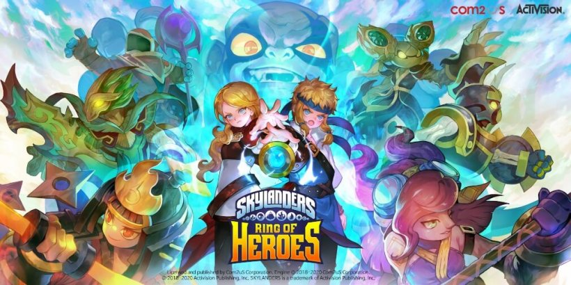 The title screen for Skylanders Ring of Heroes version two, which shows Eugenie and George determinedly holding out a glowing portal amulet while surrounded by Skylanders with Kaos looming over them.