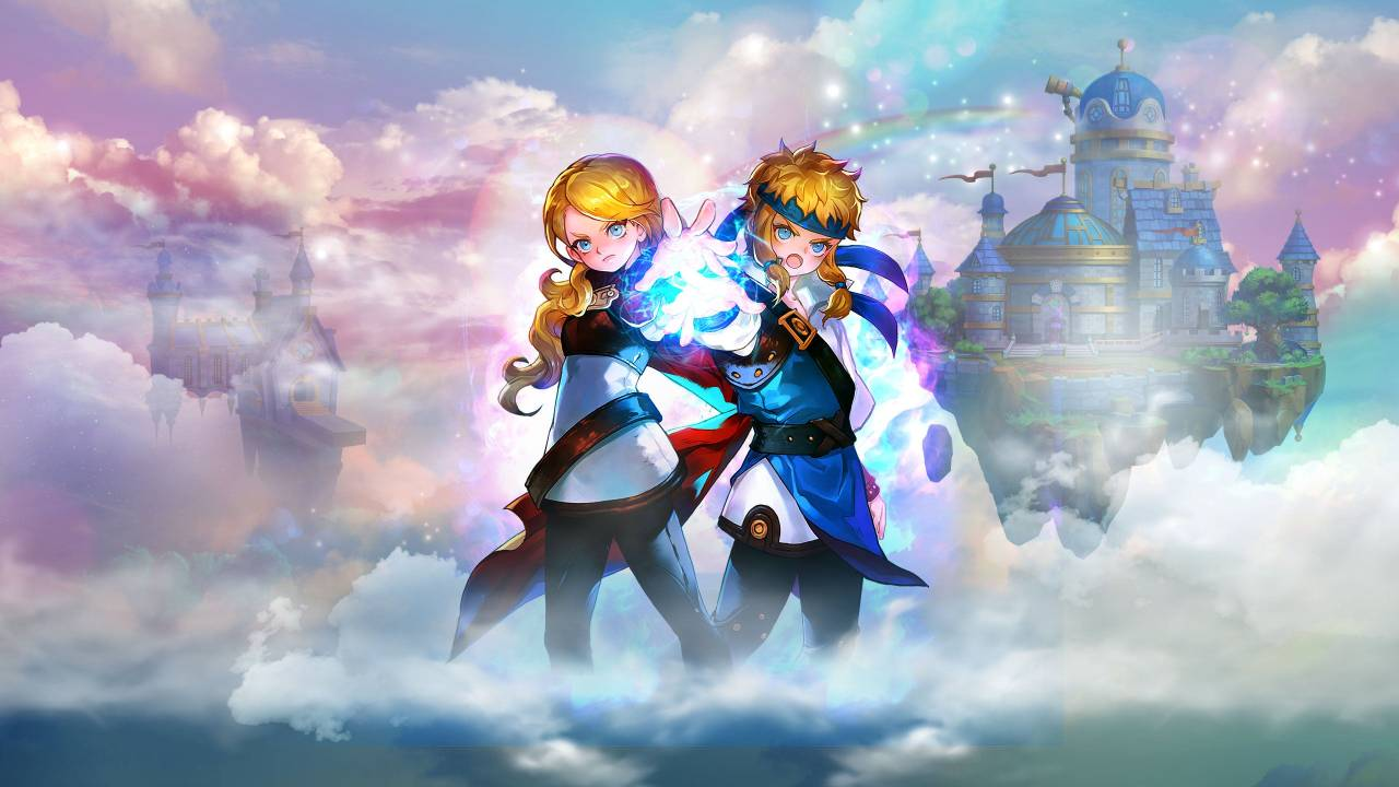 The background for the Asian English Skylanders Ring of Heroes website which shows Eugenie and George determinedly holding out glowing hands over a cloudy view of Skylands.