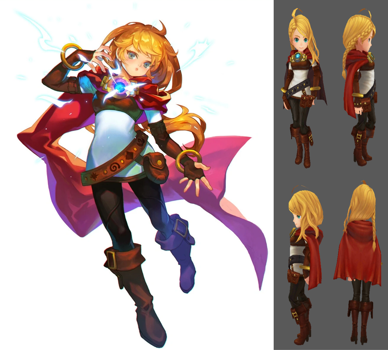 Eugenie’s initial promotional art and a turnaround of her 3D model side by side.