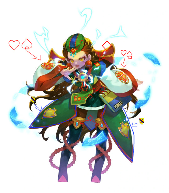 Artwork of Ryeo with red and blue outlines highlighting where card suit motifs have been integrated into her design.