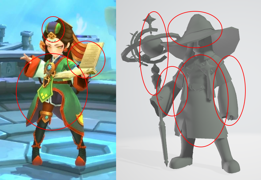 A graphic showing Ryeo with scrapped portal master Nine’s unfinished model that notes similarities between them with red circles.