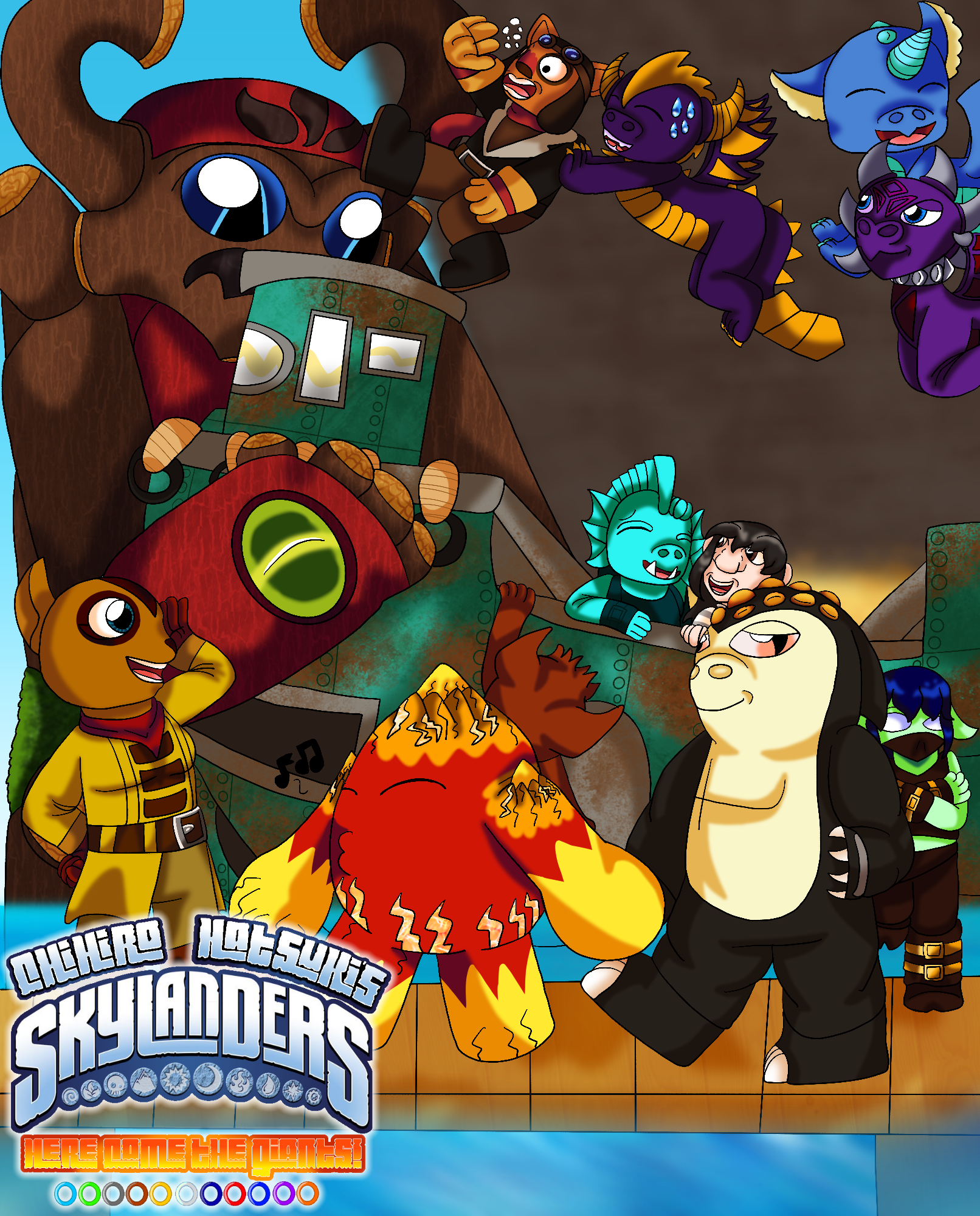 The cover art for Chihiro Hatsuki's Skylanders: Here come the Giants! It shows Tree Rex from Skylanders picking up the Dread-Yacht curiously while Spyro prevents Flynn from falling off its top as Whirlwind and Cynder fly by and talk. On the Dread-Yacht's deck, Gill Grunt and the artist's Skylanders original character talk as Trigger Happy hangs from the edge and Stealth Elf leans against its side. Over on the docks, Cali calls for someone as Eruptor and Terrafin walk hand-in-hand across the boardwalk, and the fic's logo is placed in the bottom-left corner.