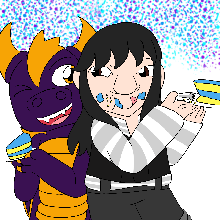 Skylanders Spyro and the artist's Skylanders original character, a human child in monochrome clothing, grinning and eating cake together as confetti flies down.