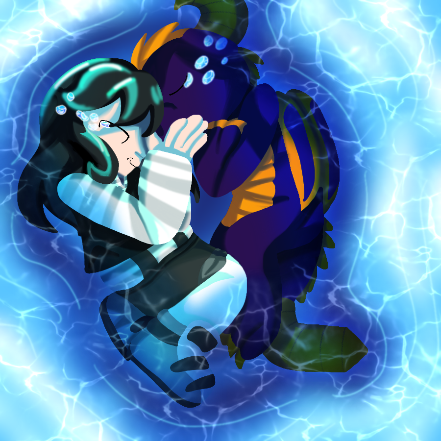 A lineless digital art piece of Skylanders Spyro and the artist's Skylanders original character, a human child in monochrome clothing, crying tears of joy and smiling as they embrace each other while laying half-submerged in a pool of water.