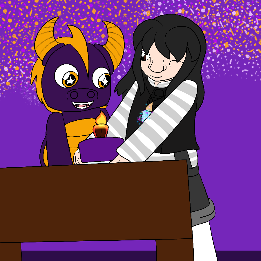 Skylanders Spyro sitting at a table with stars in his eyes as the artist's Skylanders original character, a human child in monochrome clothing, winks and smiles while presenting him with a birthday cake. Confetti flies down in the background.