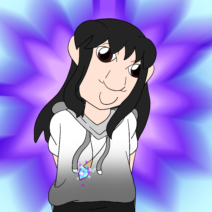 The artist's Skylanders original character, a human child in monochrome clothing, grinning and looking at the viewer with a smile in front of a cyan and purple background.