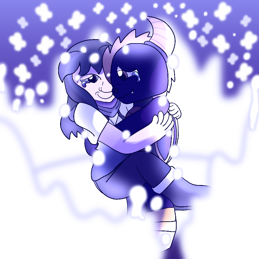 Spyro and the artist's Skylanders original character, a human child in monochrome clothing, crying tears of joy and hugging each other in a heavily blue-tinted room while masses of while light and glowing white butterflies fly arund them, in a visual heavily inspired by Here Comes a Thought from Steven Universe.