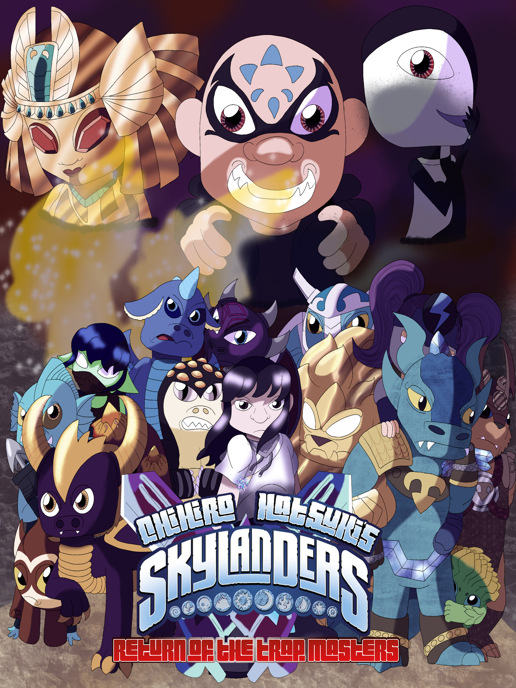 The cover art for Chihiro Hatsuki's Skylanders: Return of the Trap Masters, which depicts the artist's Skylanders fan character and several of the Skylanders gathered on an island and taking angered, battle-ready stances. Sparkling yellow and cloudy cobalt silhouettes of dragons pose in the backgroud behind them, and above them, Golden Queen, Kaos, and another original character pose menacingly in a dark, cloudy sky.