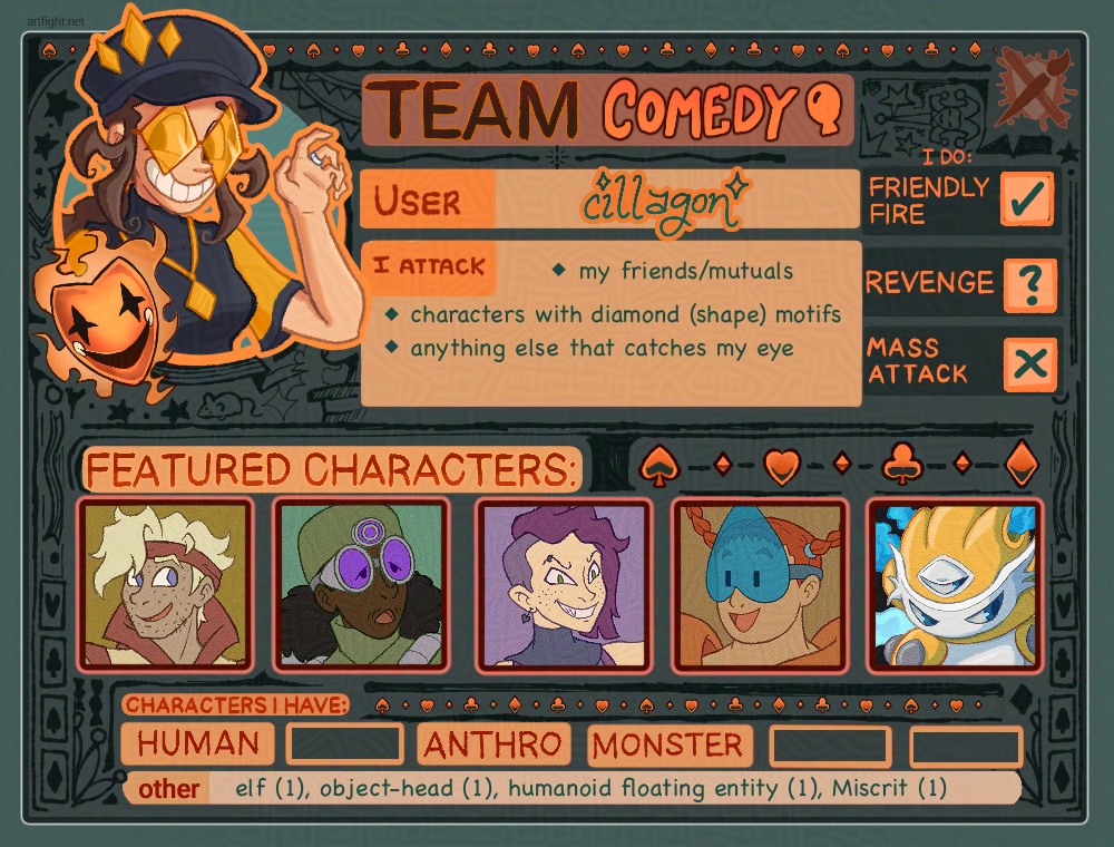cillagon's Art Fight 2026 profile card, made from an edited version of the official Team Comedy card.