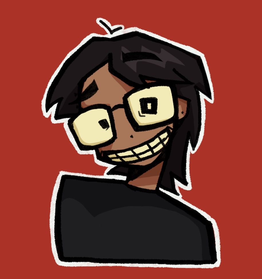PFP OF ME, GUY WITH SHORT HAIR AND GLASSES. RED BACKGROUND, YELLOWISH WHITE OUTLINE AROUND DRAWING