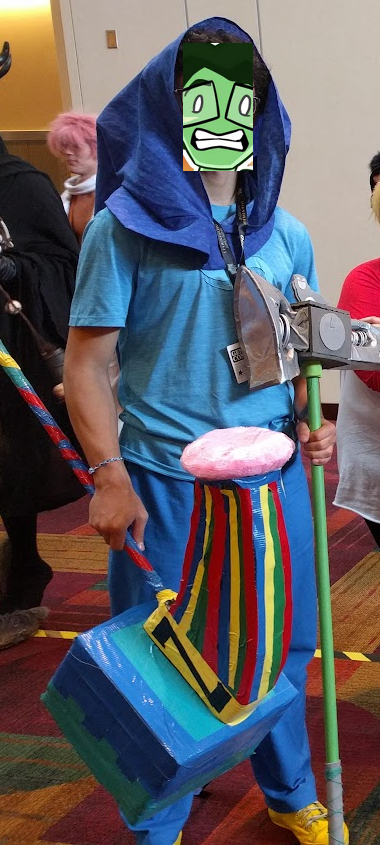 A God Tier John Egbert cosplay with Wrinklefucker and The Warhammer of Zillyhoo.