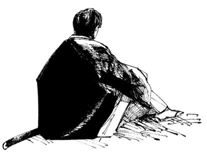 Gotsuji sitting, seen from behind