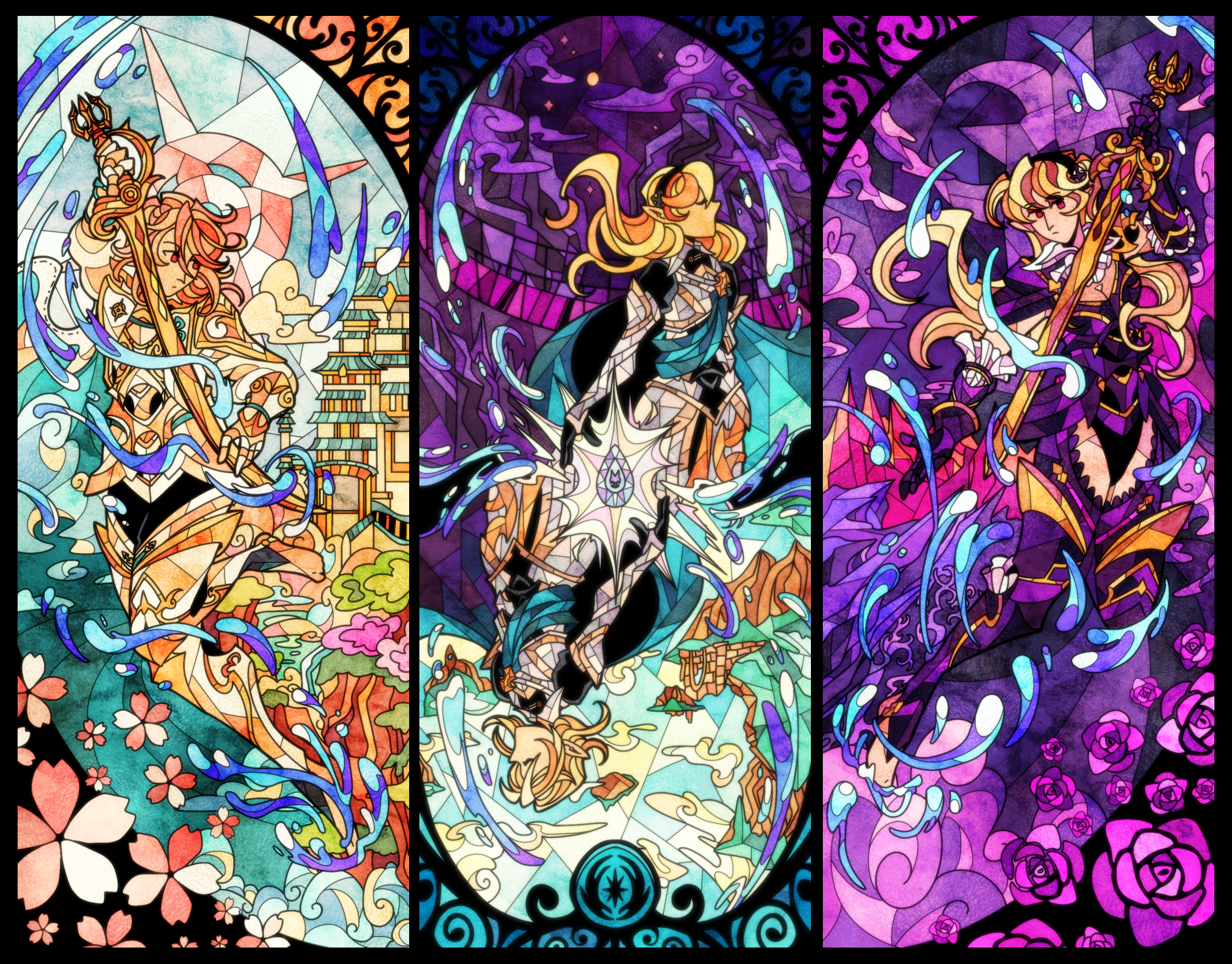 three digital drawings with intricate, uniform black lineart that replicates the style of stained glass. the style is further enhanced by glass textures and solid blocks of color. on the left is the light kingdom represented by male corrin in the hoshido noble outfit. he is wielding the alpha yato and posing in front of a landscape of the hoshidan castle, complete with pink cherry blossoms and the hoshido emblem in the sky. the center depicts male and female corrin with their dragonstone glowing in the middle and water swirling around them. fcorrin is at the top and in front of a backdrop of the bottomless canyon, and mcorrin id on the bottom and in front of the floating islands of valla. on the right is the dark kingdom represented by female corrin in the nohr noble outfit. she is wielding the shadow yato and posed in front of a dark purple wasteland, complete with magenta roses and the nohr emblem in the purple sky. both drawings feature swirling water droplets emenating from the respective swords.