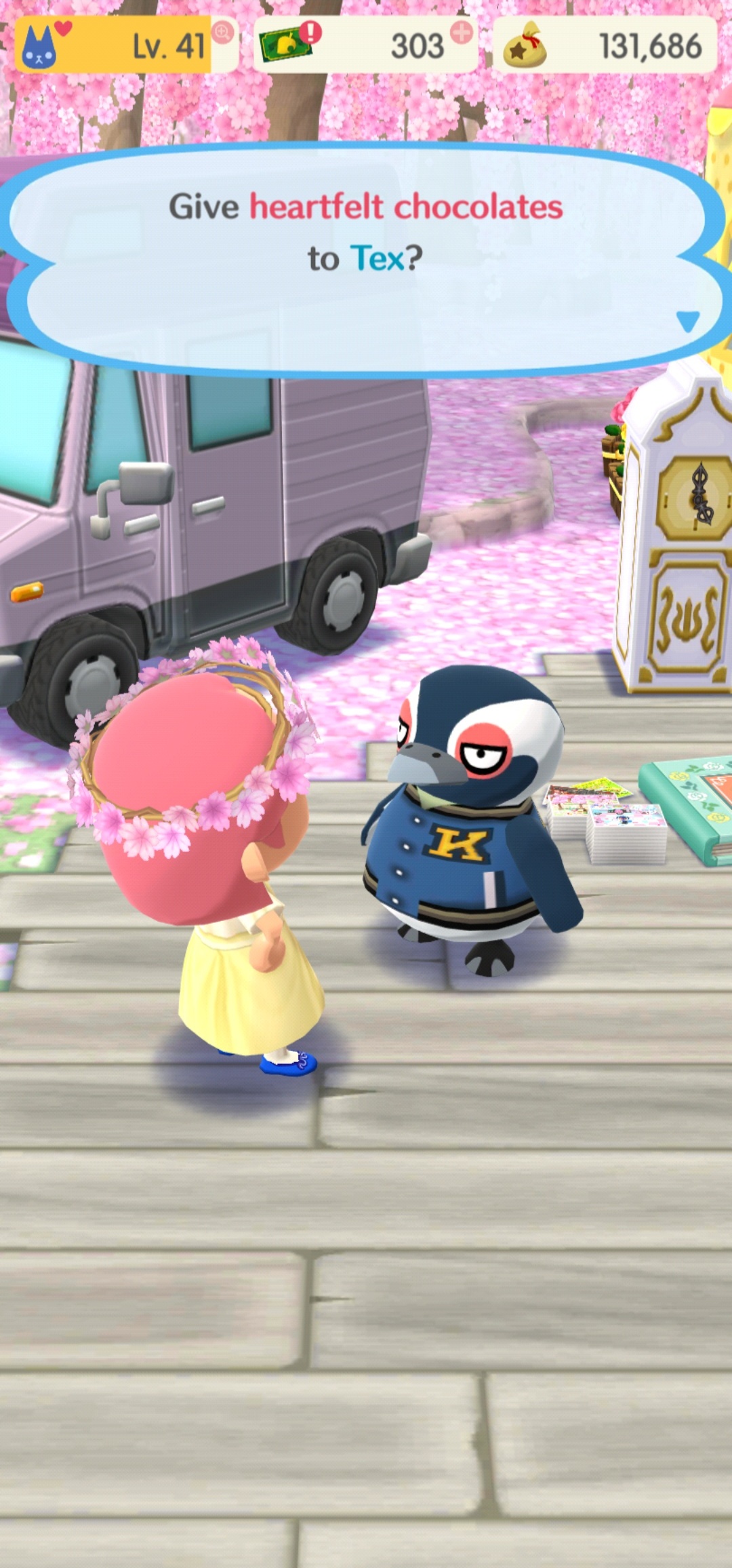 Pink-haired female character named Vayla is prompted by the game to give Tex chocolates.