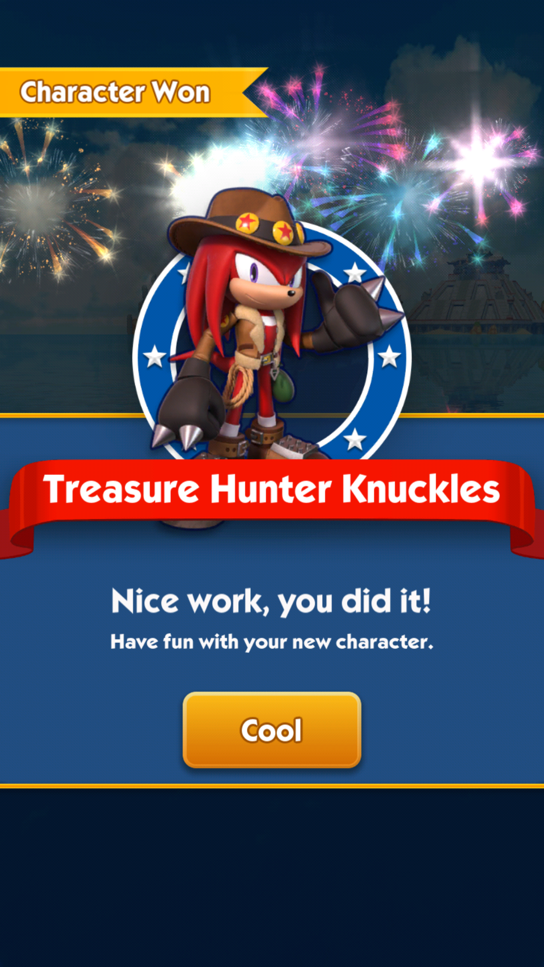 Screenshot of winning Treasure Hunter Knuckles in Sonic Dash