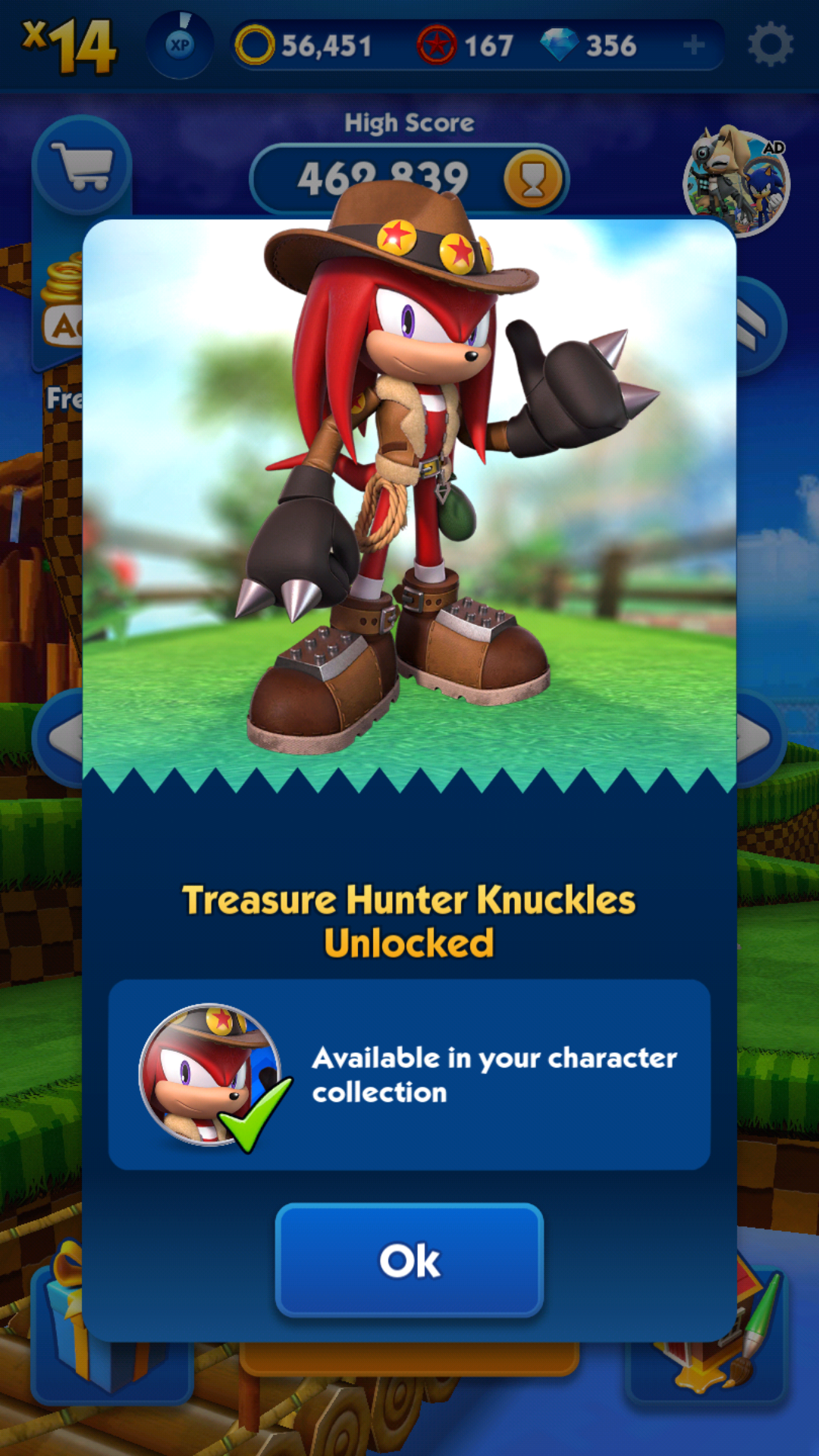 My screenshot of Sonic Dash's character unlocked message for Treasure Hunter Knuckles