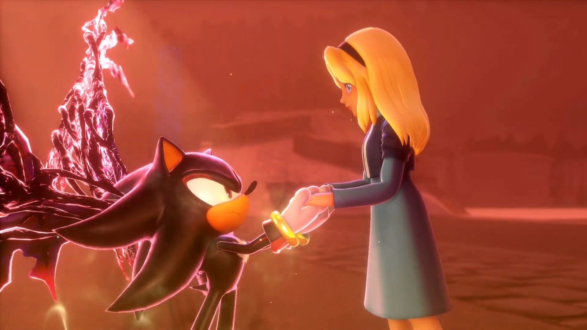 Shadow with dark wings looking at and holding hands with Maria.