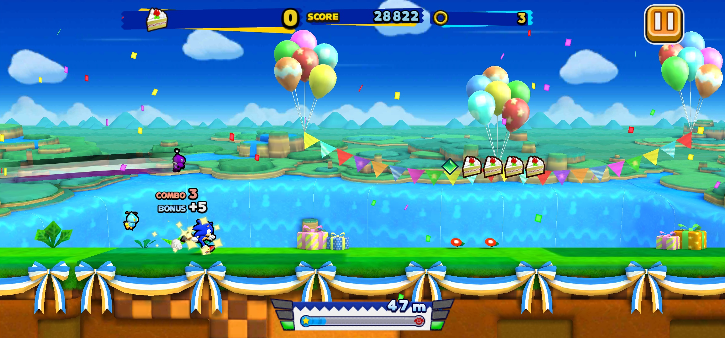 Small Sonic running in a birthday-themed zone with a purple Chao flying closely behind.