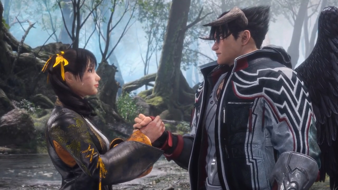 Ling Xiaoyu and Devil Jin looking at each other and holding hands.