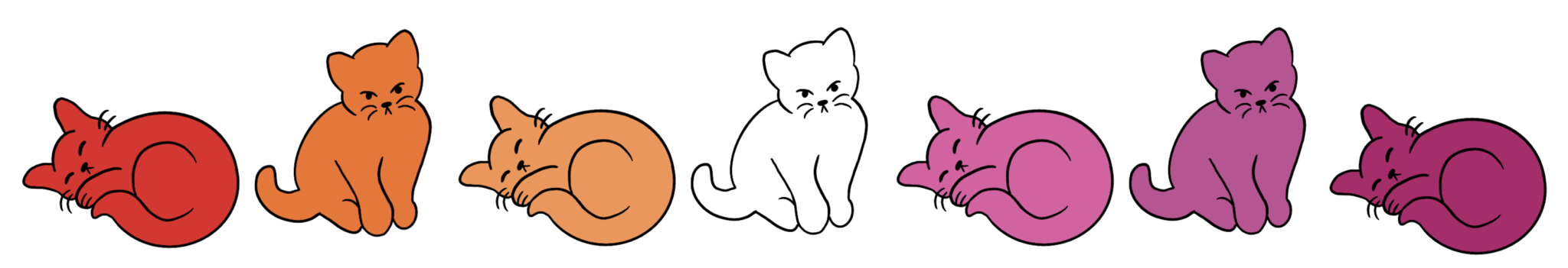 a divider made up of 7 drawings of kittens, each one colored a different color of the lesbian flag