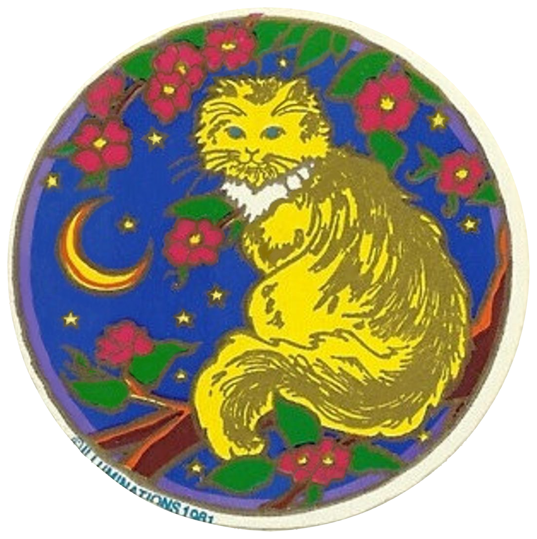 a drawing of a yellow and white cat sitting on a tree branch surrounded by red flowers. It is night and a crescent moon and stars can be seen in the background