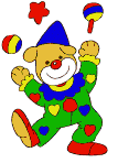 a gif of a cartoon bear dressed like a clown and juggling that flips back and forth horizontally