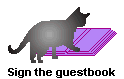 a gif showing a grey cat insistently tapping a purple book with text reading 'sign the guestbook' underneath it