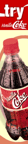 a red and cream vertical ad for vanilla coke