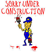 a gif with a white background, depicting a smiling man with a yellow shirt and blue hat and blue overalls holding a paint brush and a bucket of red paint. red, hand-printed text above him reads 'sorry under construction', and the man's hand holding the brush moves back and forth as if he's painting it. below the man are several splotches of spilled red paint