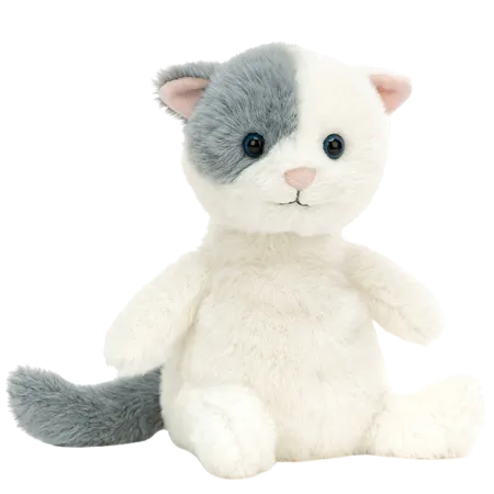 a plushie of a cat sitting down like a human. it is mostly white with a grey patch on the left side of its face and a grey tail. it has a pink nose and inner ears, two large pure black eyes, and a slightly visible smile.