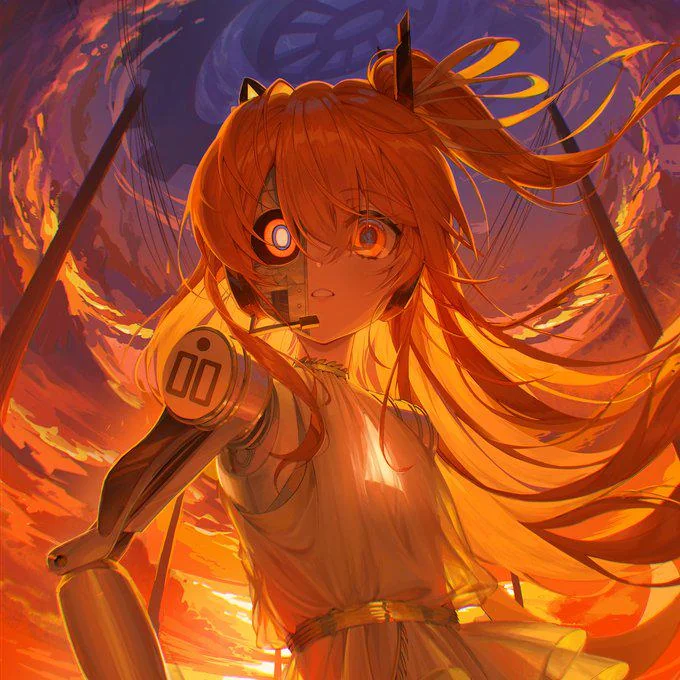 art of adachi rei, a robot with orange hair, standing under a sunset-like sky