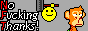an animated 88x31 button showing a yellow smiley face hitting a streotypical nft monkey over the hit with a hammer. Off to the left side there's text that says 'No Fucking Thanks' with the first letter of each word highlighted in red