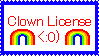 a white stamp with a blue outline. in the stamp is text that says Clown Liscense, and below the text is two pixel art rainbows and an emoticon of a clown wearing a pointy hat