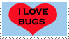a light blue stamp with a large red heart in its center with text reading I Love Bugs on it. Two beetles occasionally quickly scuttle over the top of the heart