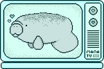 a pixel art drawing of a pastel teal old style TV with an image of a manatee and several small hearts on its screen