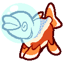 art of an orange creature resembling a quadrapedal goldfish with a light blue bubble over its head