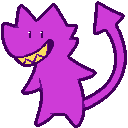 art of a purple creature that looks like a bipedal demon with a long thin tail and a toothy yellow grin