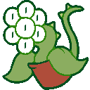 art of a green plant creature in a brown pot with two large leafs, a vine-like tail, and a head made up of 7 eyes arranged like a flower with 6 petals