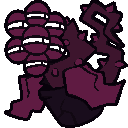 art of a dark purple plant-like creature in a black pot. it has two withered leafs, a thorn-covered vine for a tail, and 7 eyes arranged in a flower shape that squint and look right