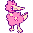 art of a tan bird-like creature with a spikey beak, covered in pink fuzz