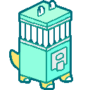 art of a teal creature resembling a gachapon machine. it has two small eyes on the top of its head, four small yellow legs, and a yellow triangle tail