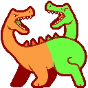 art of a creature with two dinosaur-like heads on the ends of long necks at each end of its body. it is half bright orange and half bright light green