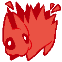 art of a small red creature with a spikey back and dark eyes with small white pupils.