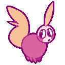 art of a pinkish ball like creature with 6 nubby legs, a white head with pink cheeks, and yellowish leaf-like tufts on the top of its head and for its tail