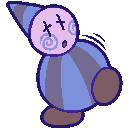 art of a creature that looks like a clown. it wears a pointy blue and black hat that sits on top of its ball-like white head with blue makeup, which in turn sits ontop of a blue and black striped ball-like body with two small ovals for feet and no arms