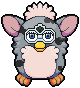 art of a grey spotted furby toy with a tan belly