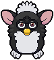 art of a plain black furby toy with a white belly