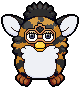 art of a orange furby toy with black stripes and a white belly