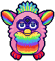 art of a pink furby toy with a rainbow gradient belly and inner ears